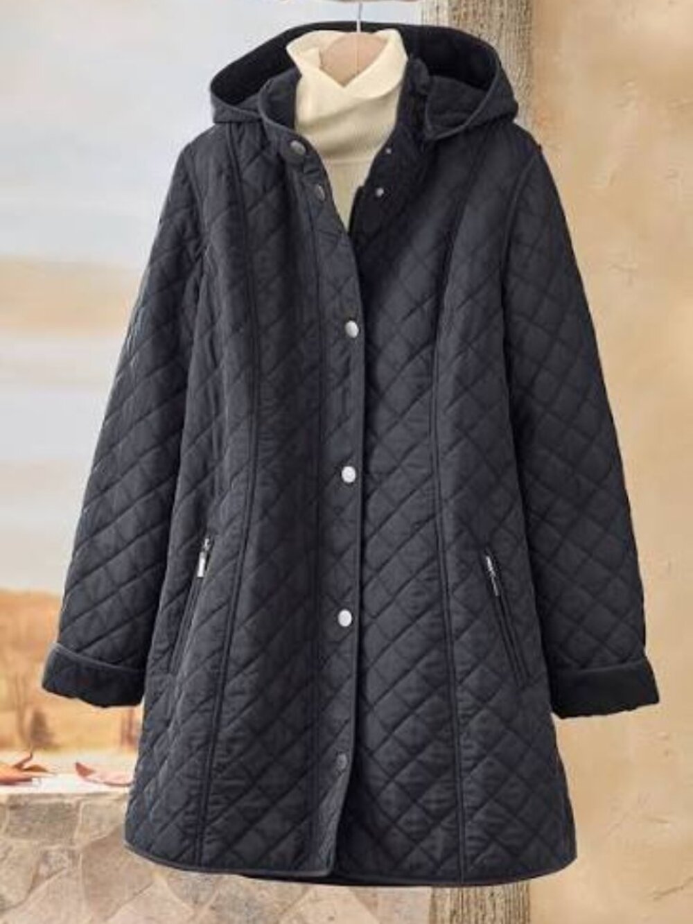 Coldwater Creek NWOT Black Quilted Car Coat with Hood Size Large
